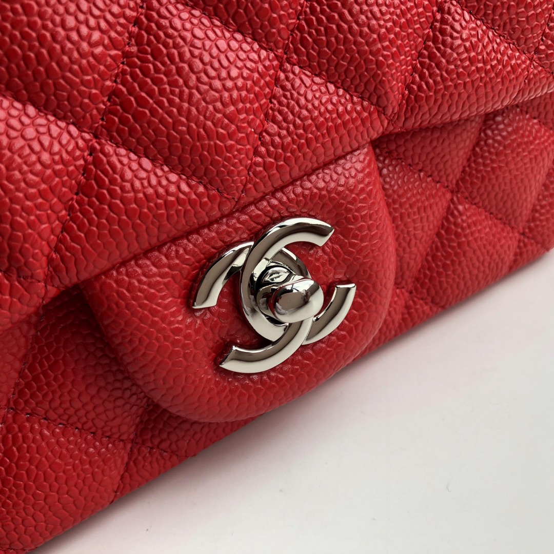 Ch**el mini flap bag caviar silver metal red a35200 17cm