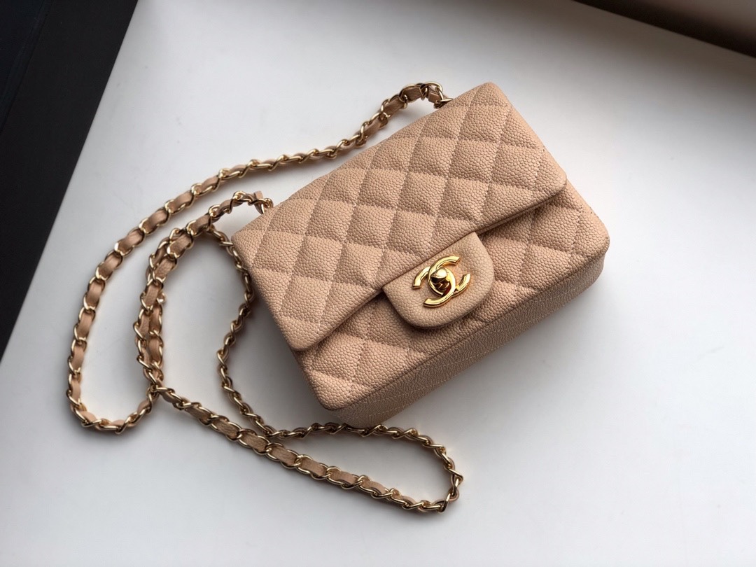 Ch**el mini flap bag caviar golden metal beige a35200 17cm