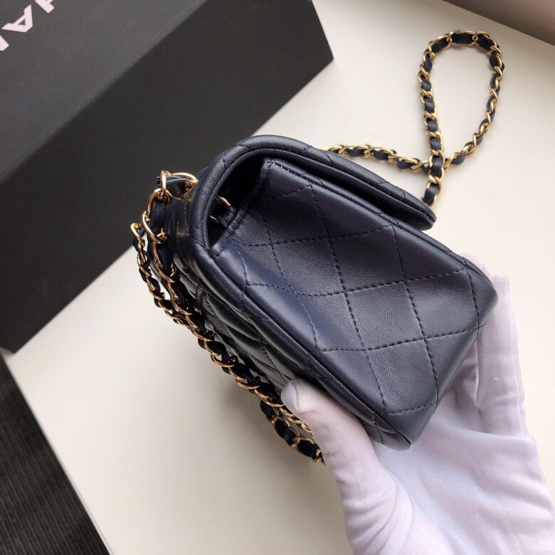 Ch**el mini flap bag lambskin golden metal dark blue a35200 17cm
