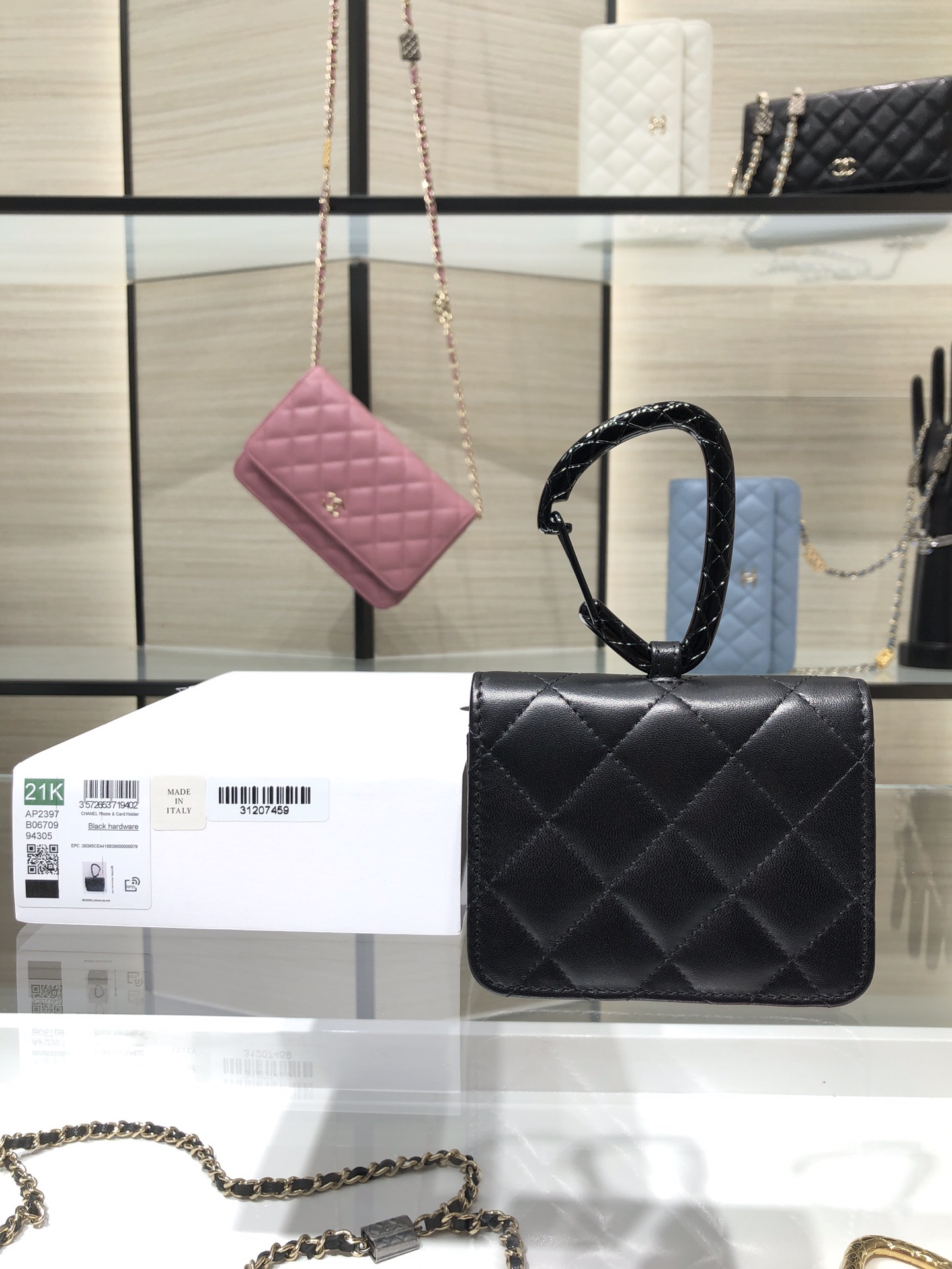Ch**el card holder with jewel hook lambskin black metal black ap2397 11 cm