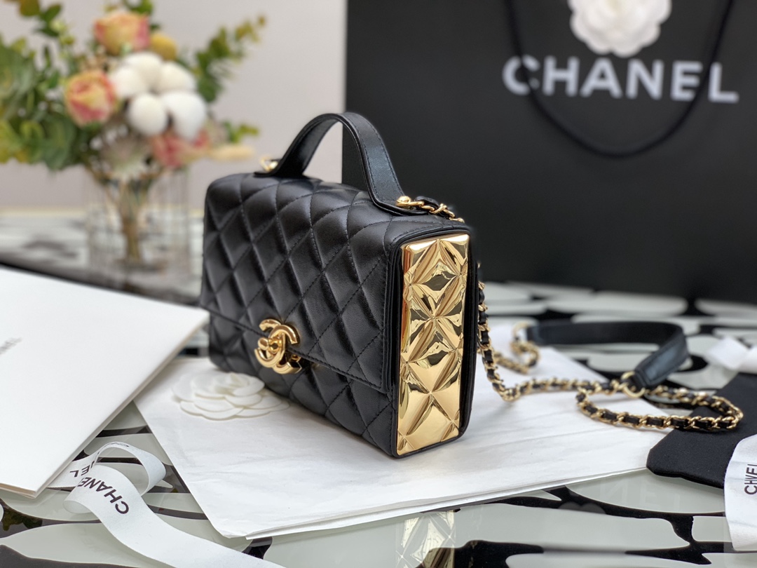 Ch**el mini flap bag handle lambskin & gold metal black as2796 12.5 x 17.5 x 5.5 cm