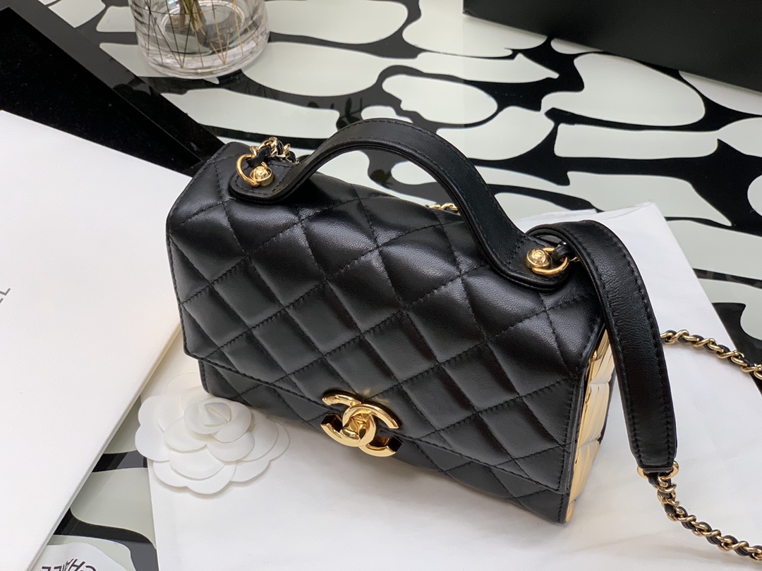 Ch**el mini flap bag handle lambskin & gold metal black as2796 12.5 x 17.5 x 5.5 cm
