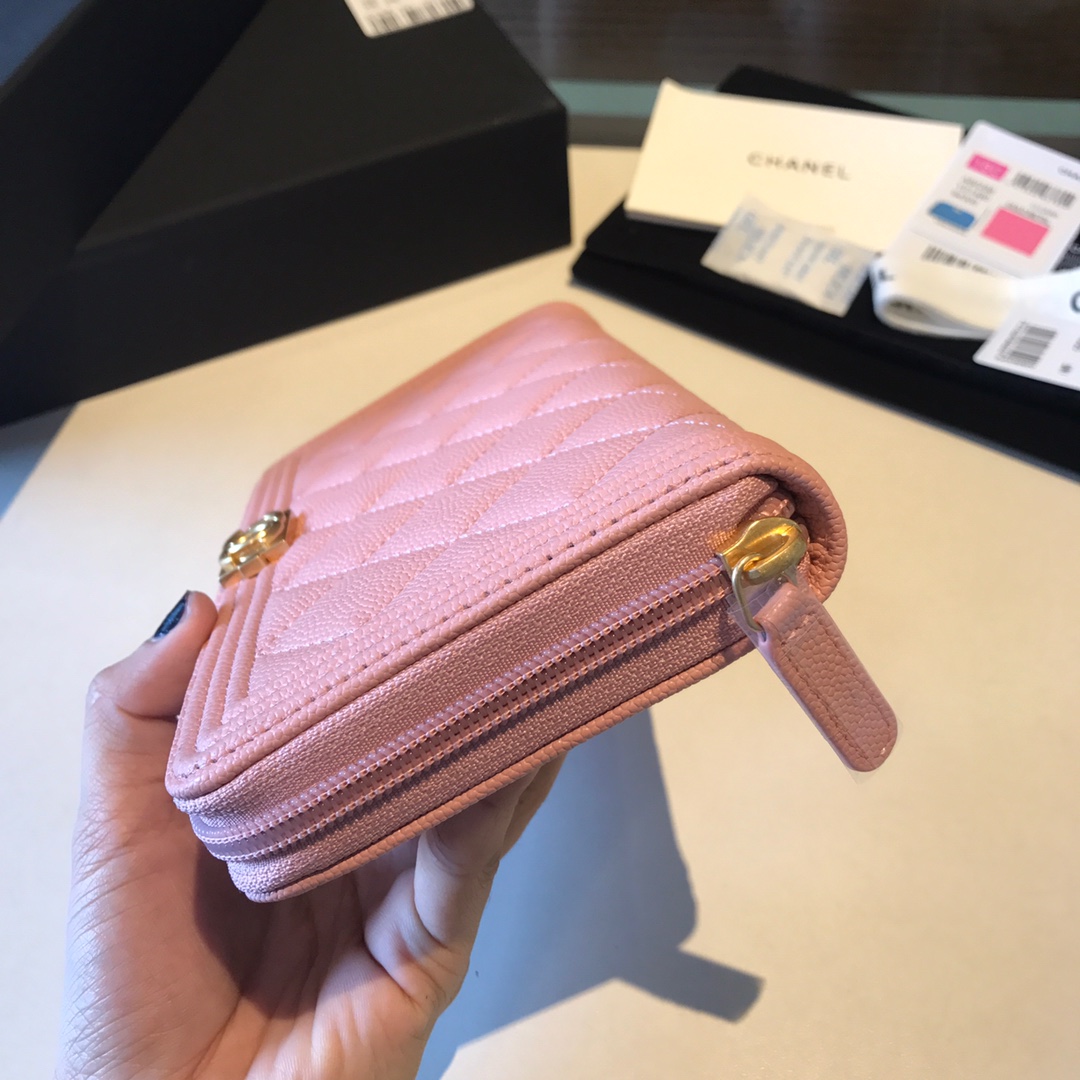Ch**el boy long zipped wallet grained leather powder pink a80815 19cm