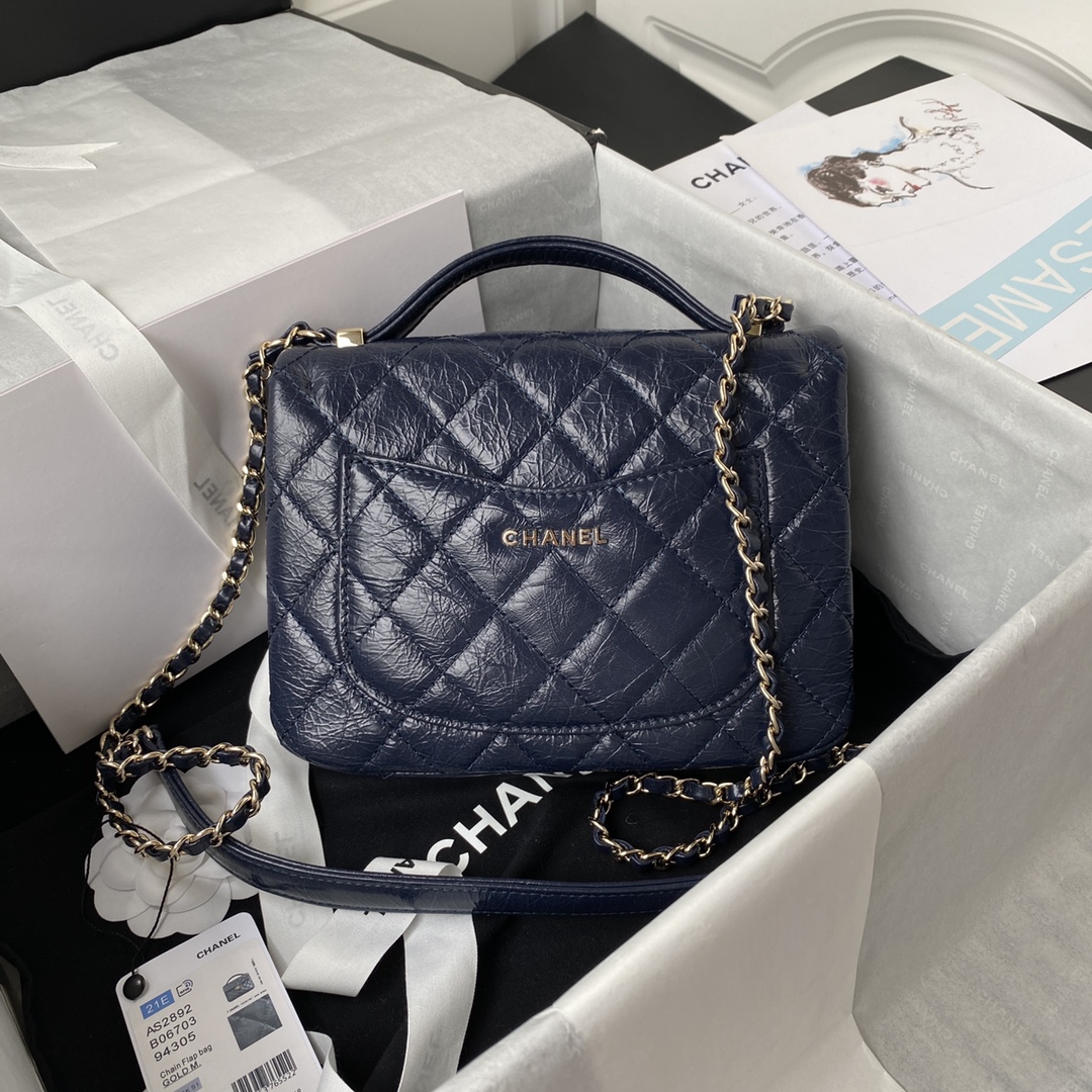 Ch**el mini flap bag with top handle crumpled leather navy blue as2892 20 x 15 x 6.5 cm