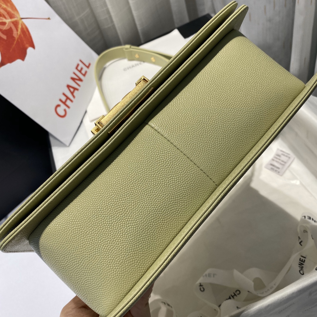 Ch**el medium boy bag classic gold-tone metal grained leather olive green a67086 25cm