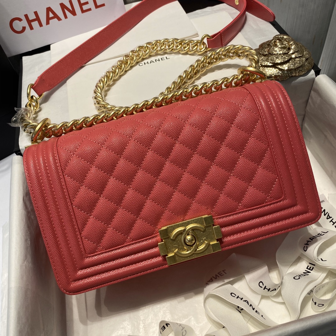 Ch**el medium boy bag classic gold-tone metal grained leather peach a67086 25cm