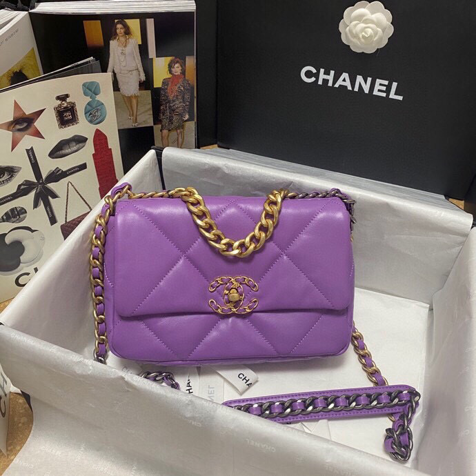 Ch**el 19 calfskin in purple-26×16×9cm